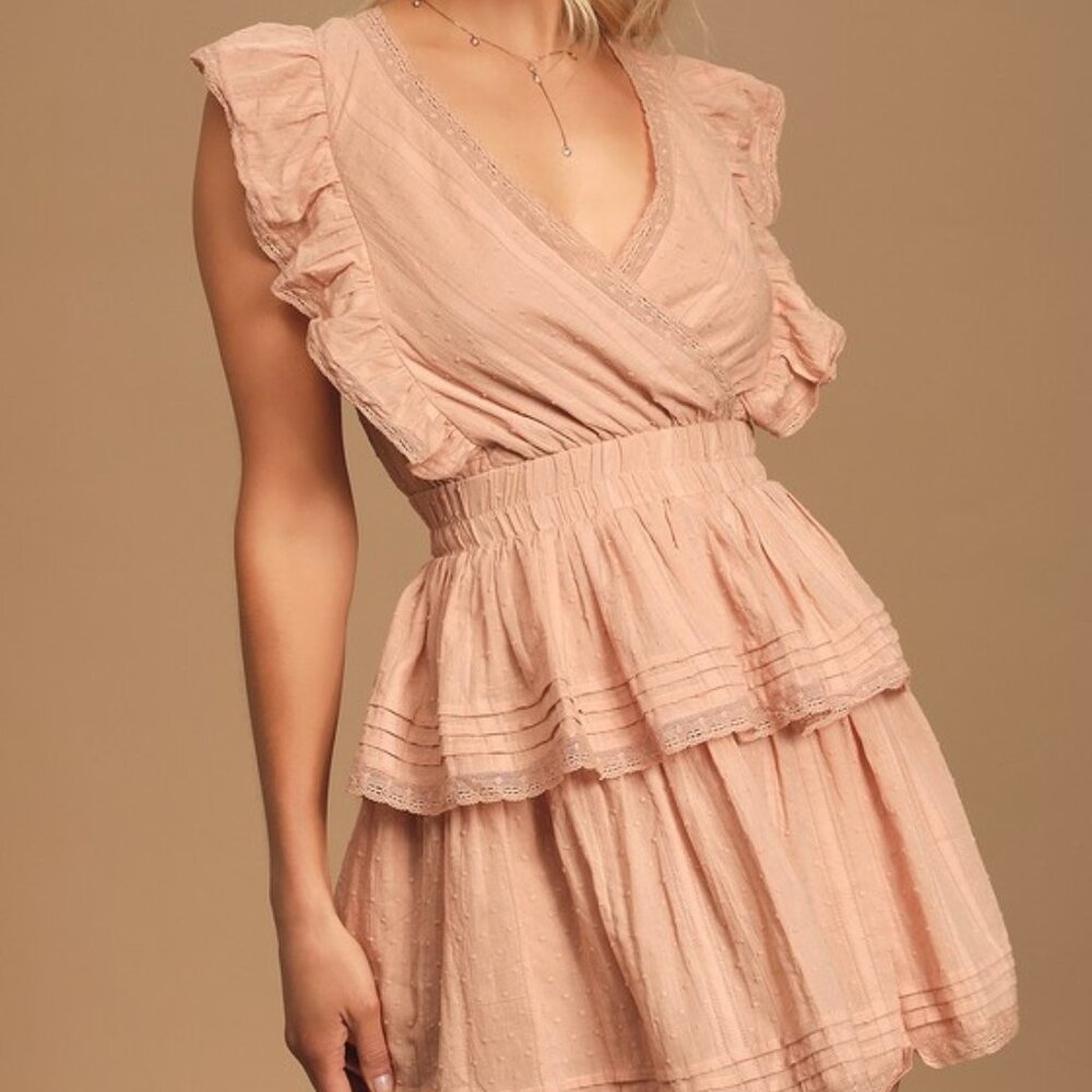 Lulus Whisper Sweet Nothings Light Pink Lace Tiered Ruffled Mini Dress - Size L